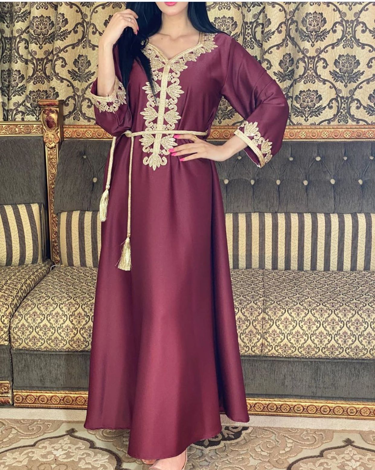 Middle East Dubai Embroidered Long Skirt Muslim Women Embroidered Bronzing Lace Dress